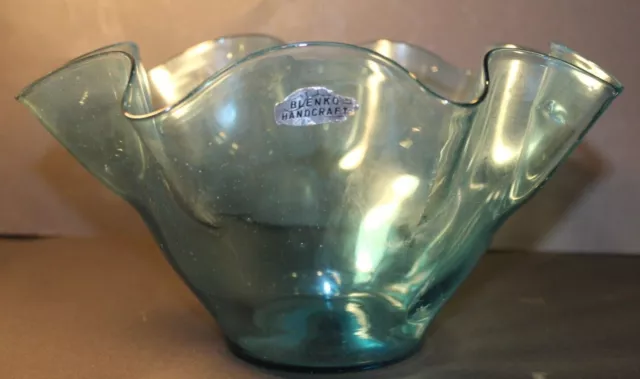1950s Blenko Crackle Glass MCM Turquoise Blue Ruffled Edge Vintage Large Bowl.