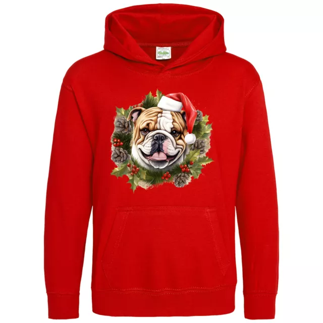 English Bulldog Christmas Wreath Hoodie For Kids Dog Walking Animals Owners P...