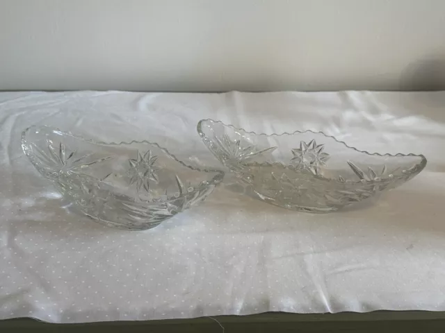 Vintage Cut Crystal Relish Bowl Banana Boat Dish Star Burst 10" Oval Candy Nut