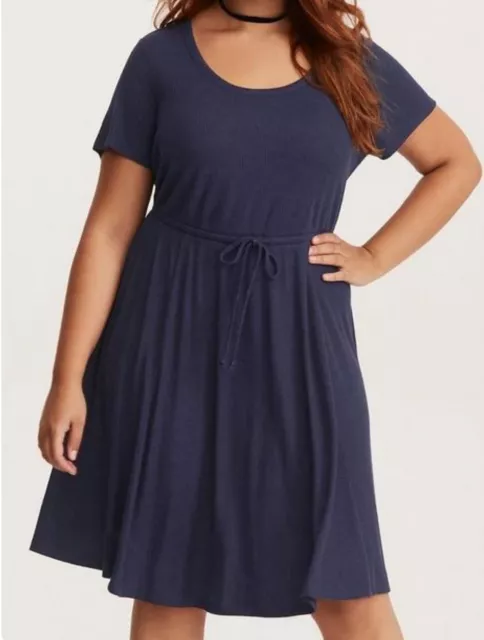 Torrid Women’s Blue Ribbed Knit Skater Dress Sizes 2 2X 18/20 Drawstring Waist