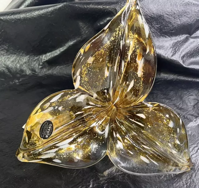 NEW Murano Art Glass Amber Encased 3 Petal Flower Screw Stem 9" Wide Made Italy