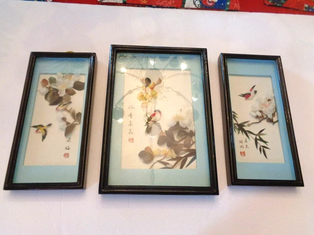 Three Beautiful Japanese Hand Made Pictures W/Flowers And Birds, Black Frames