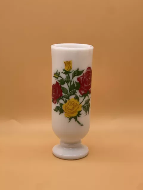 Vintage AVON Red & Yellow Roses White Milk Glass Handled Pedestal Bud Vase 5''H