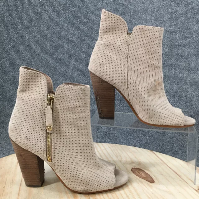 Guess Boots Womens 8.5M Peep Toe Heels Ankle Booties Beige Suede Side Zip Casual