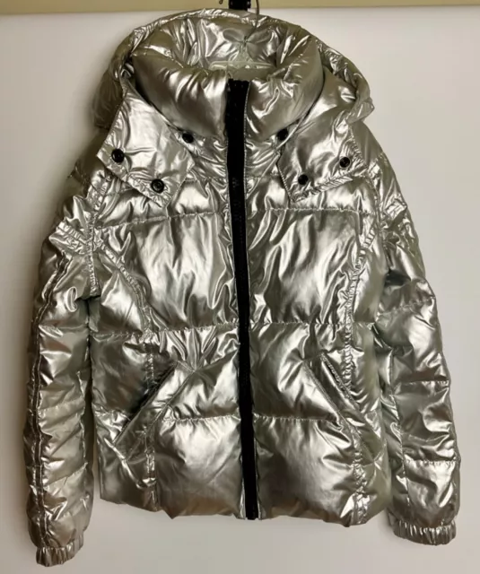 S13 NY Girl Hooded Puffer Jacket Duck Down Filled Metallic Silver Size 8