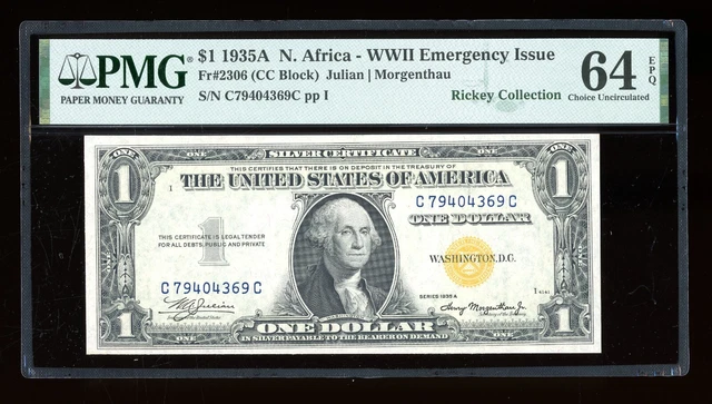DBR 1935-A $1 North Africa Silver Fr. 2306 CC Block PMG 64 EPQ Serial C79404369C
