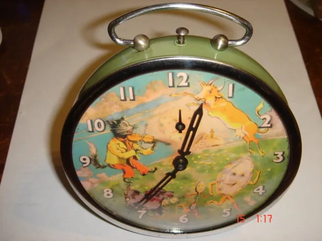 Vintage Smith alarm clock 'Hey Diddle Diddle the cat and the Fiddle' very, rare