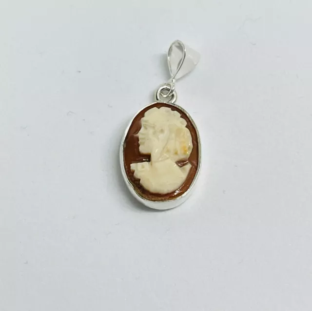 Gorgeous Vintage Real Carved Shell Cameo Pendant 925 Solid Silver #16503