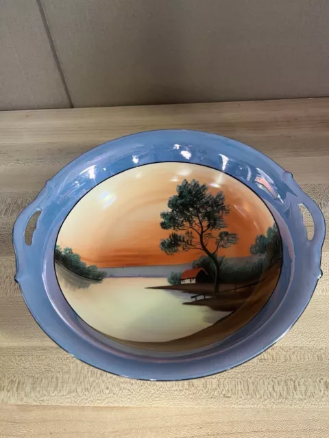 Vtg Noritake Hand Painted 9 1/2” Cabinet/Cake Plate Handled Sunset River Scene