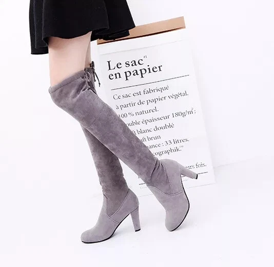 Bottes Chaussures Femme Genou 10 CM Gris Cuir Synthetique en Daim 90430