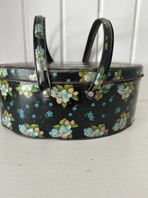 Vintage Metal Biscuit Tin Sewing Basket w/Folding Handles Black Floral