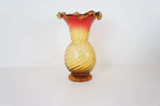 Rare Antique Victorian Amberina Hand Blown Ruffle Top Vase / Art Glass Vase 3