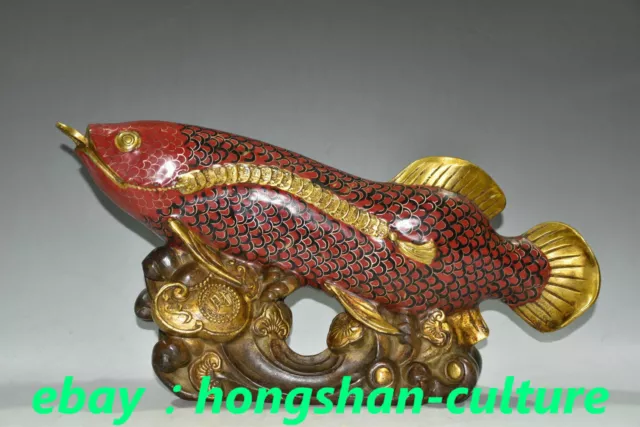 14" Qianlong Marqué Bronze Doré Cloisonné Richesse Poisson Coin Ruyi Statue