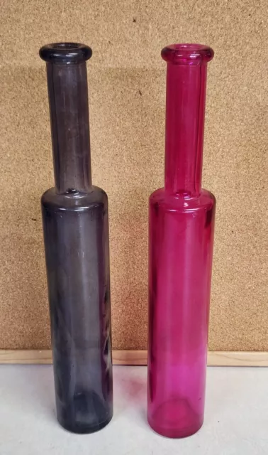 Pair Of Tall Slim Glass Vases - Pink & Smoky Gray - 14.5" Tall - Made In Spain