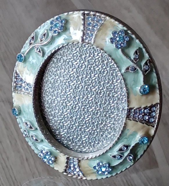Beautiful Enameled and Rhinestone Jeweled Oval Footed Metal Picture Frame
