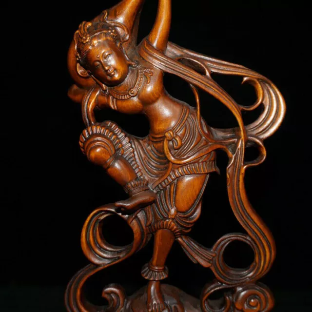 Old China Boxwood wood Carved DunHuang flying Qin Apsaras Belle goddess Statue