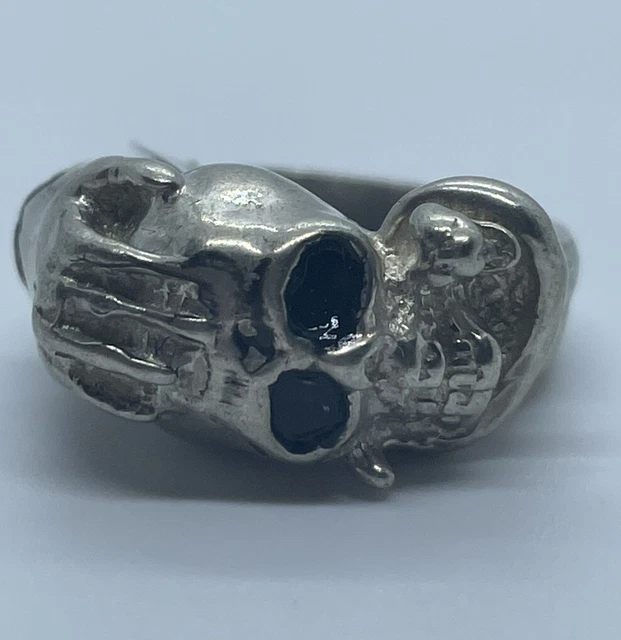 Men’s Black Eyed Sterling Silver Skull Biker Ring