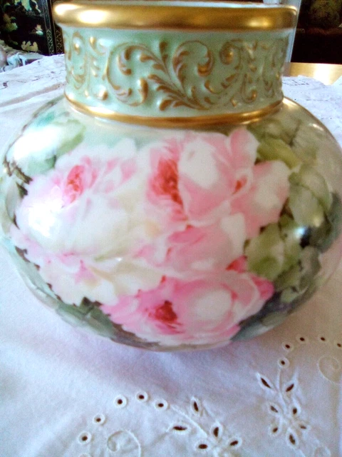 Vtg Signed J. Pouyat Limoges France Vase Hand Painted Pink Roses Artist Initials