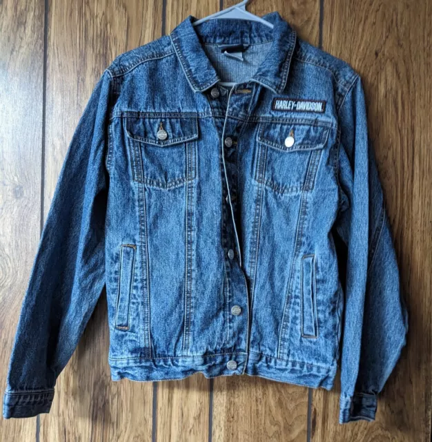 Harley-Davidson Denim Jean Jacket L16/18 Blue Button Up Pocket Medium Wash Youth