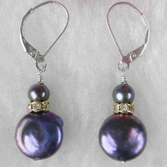 Natural round black coloured coin pearl silvering earrings Aquaculture