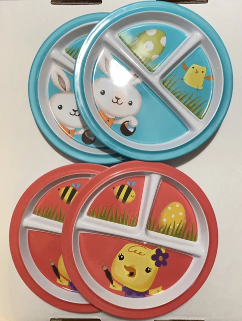 NUEVO Juego de Platos Divididos para Niños Pequeños Lote de 4 Tema de Pascua Pato Huevo Abejo Conejo
