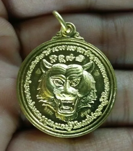 Tiger Power Lion Strength Coin Pendant Arjarn O Thai Amulet Charm Talisman Brass