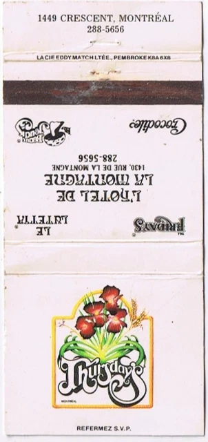 Matchbook Cover L'Hotel De La Montagne Montreal Quebec Thursdays