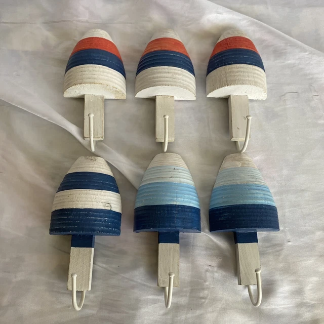 6 Wood Lobster Style Buoys Nautical Beach Hooks Seaside Pool Patio
