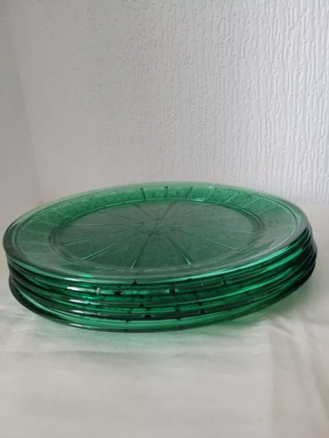 Jeannette Depression 5 Vtg Green Glass Doric And Pansy Pattern 9" inch plates