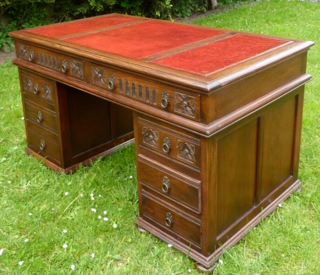 Large Old Charm Twin Pedestal Leather Top 8 Drawer 3 Part Writing Desk