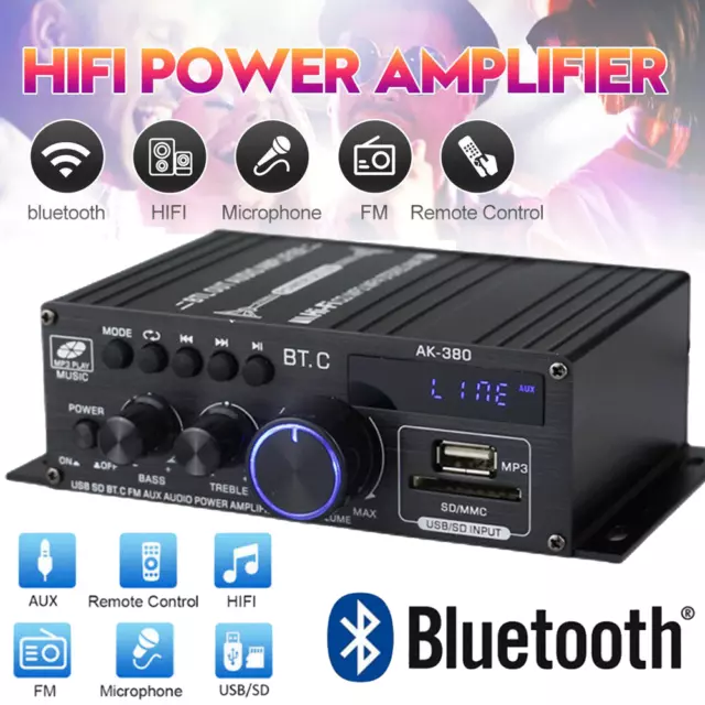 Digital Power Amplifier Bluetooth Stereo HiFi Audio USB SD FM Car Home