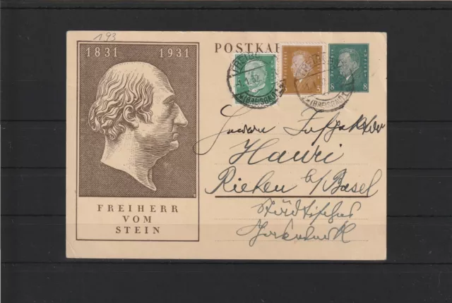 Dt. Reich GA Karte + ZuF Freiburg n. Rieken b. Basel/Schweiz, 1932 #1103559