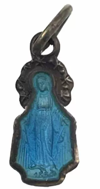Vintage Catholic Miraculous Mary Blue Enamel Tiny  Religious Medal