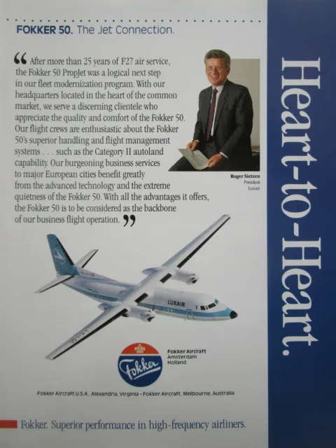 11/1990 Pub Fokker Aircraft Fokker 50 Luxair Roger Sietzen Original Ad
