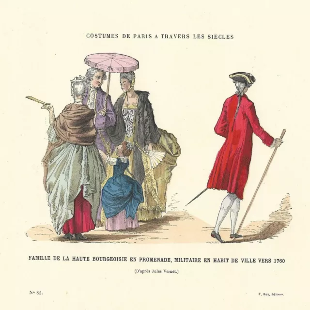 Family of the upper bourgeoisie on a walk - press engraving 1880