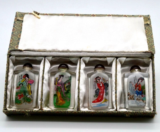 MCM Signed Asian Inside Painted Crystal Snuff Bottles Lot/4 Geisha Ladies-MINT