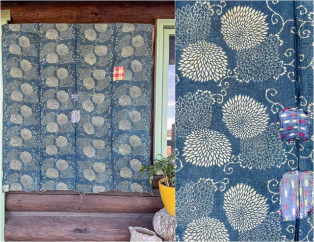 Antique Japanese Indigo Chrysanthemum Pattern Boro Hand Dyed Textile 58 x 52