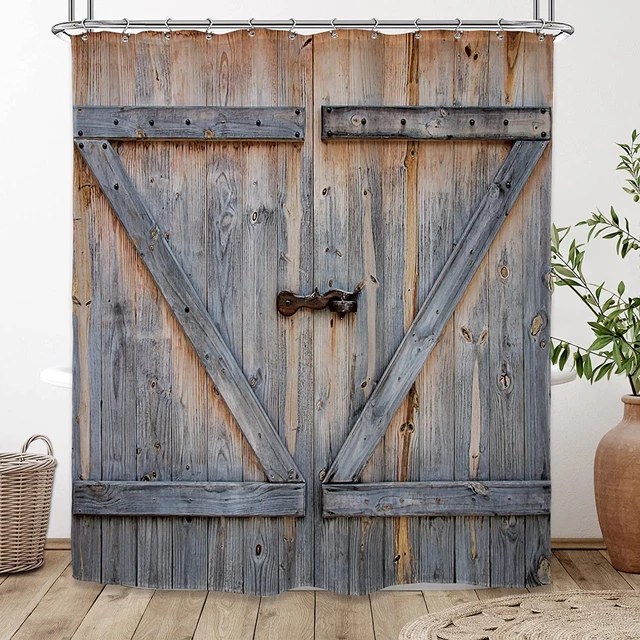 Extra Long Rustic Barn Door Shower Curtain 72Wx96H Inch Farmhouse Wooden Vintage