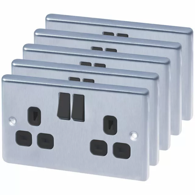 Lap 2-Gang 13A Sp Switched Plug Socket Brushed Stainless Steel 5 Pack