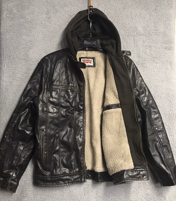 Levis Jacket Mens Medium Brown Faux Leather Sherpa Lined Hooded Full Zip Bomber