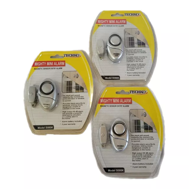3 Sensores Alarma De Entrada Techko S080K Mighty Mini Alarma Magnética Alimentada por Batería NUEVA
