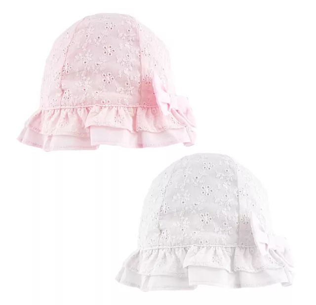 Baby Girl Pretty Summer Sun Hat White Pink Cotton Chin Strap Bow Wide Brim 0-6M