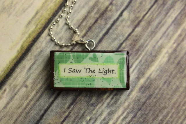 I Saw The Light Necklace Pendant Reclaimed Mixed Media Art Jewelry Collage Green