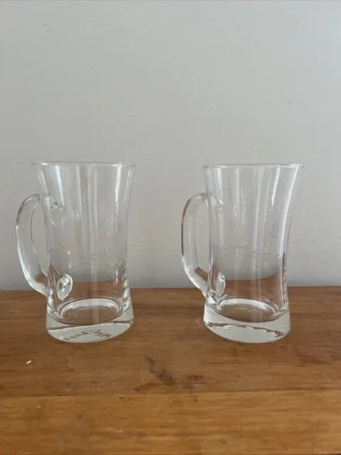 Pair Of Clear Glass Etched Beer Mug Stein Etched Art Deco Design Heavy Bottom