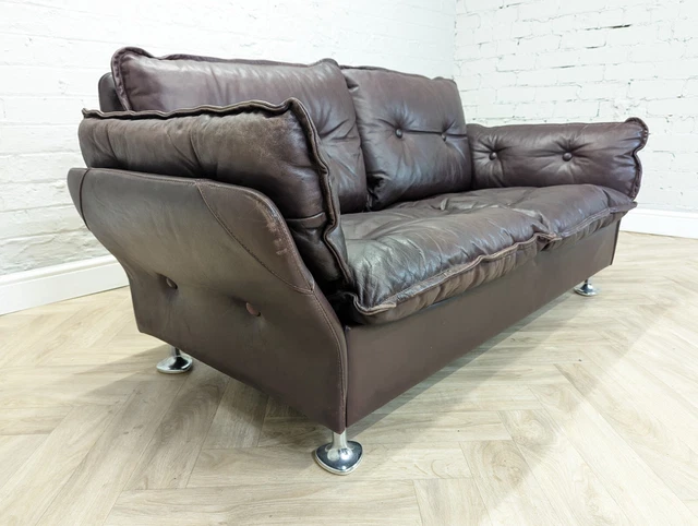 Mid-Century Vintage Swedish Dark Burgundy Leather & Chrome 2 Seater Sofa Couch 2