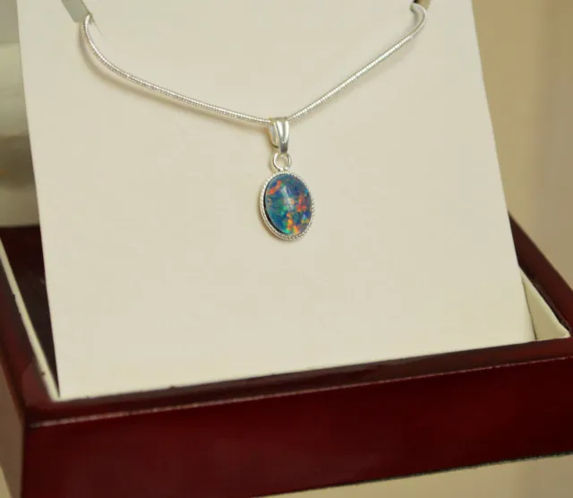 Beautiful Genuine Natural Black/Blue Australian Fire Opal Oval Silver Pendant