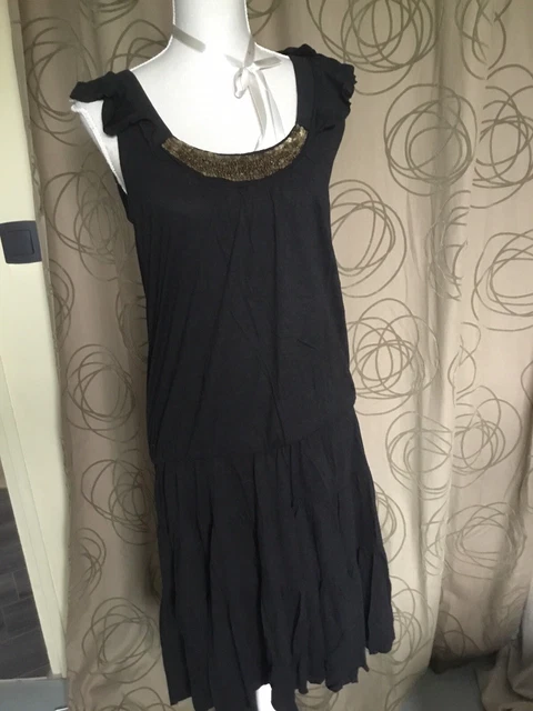 Robe Tunique Sandro T2 Noire - Laine à Paillettes Dorées - Occasion Très Bon état