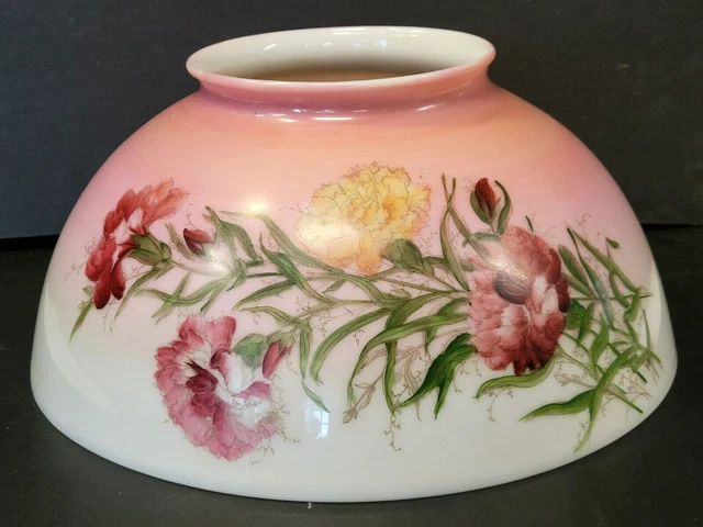 Antique SHADE Painted PEONY Flower Milk Glass Hanging Oil LAMP 14" x 6.25 Fitter