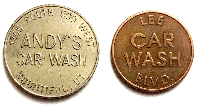 Car Wash Token Lot Of 2 Rare Andy's Bountiful UT & Lee Car Wash Blvd Brass
