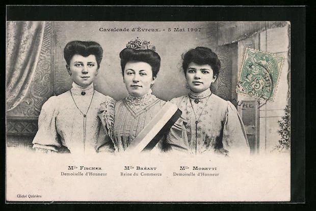 CPA Évreux, Cavalcade 1907, Demoiselle pêcheur, Reine du Commerce Bréant, Demoi
